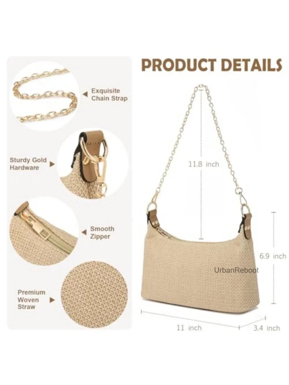 Woven Straw Shoulder Bag Polyester Boho Chain Strap Small Hobo Purse Beach
